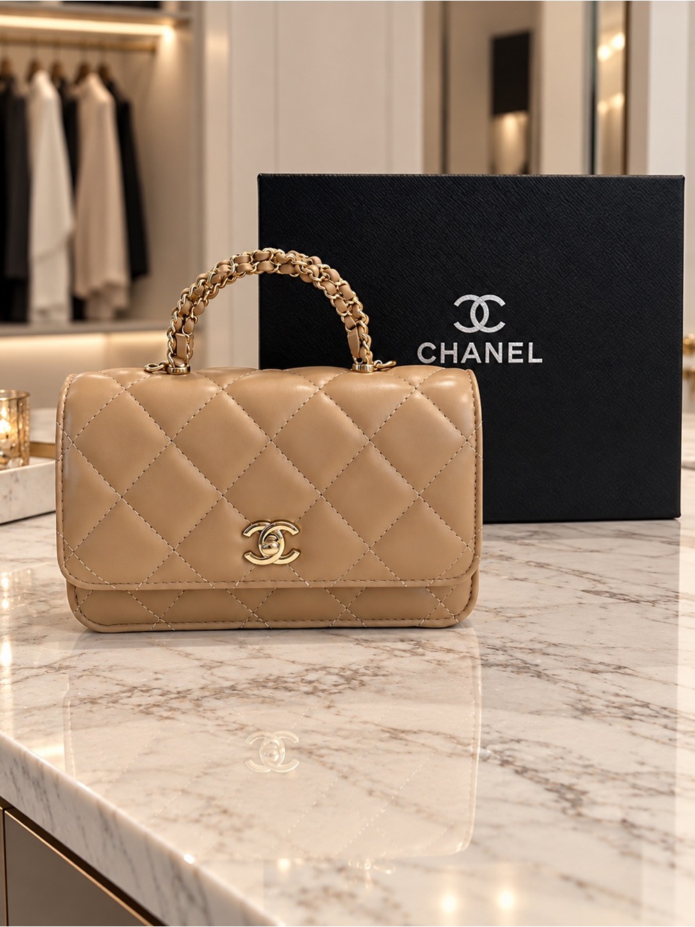 Quilted Top-Handle Shoulder Bag in Camel - Picture 5 of 6